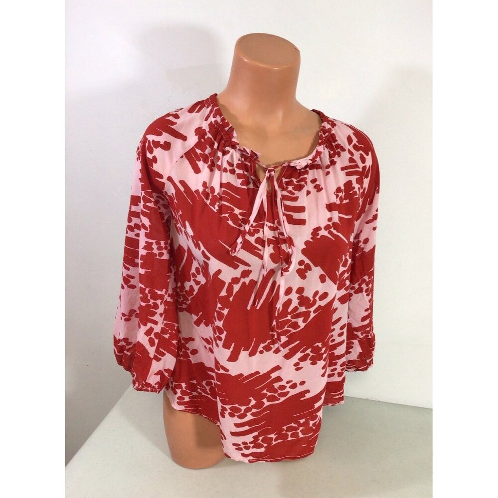 Alice + Olivia Red and White Abstract Print Peasant Blouse
